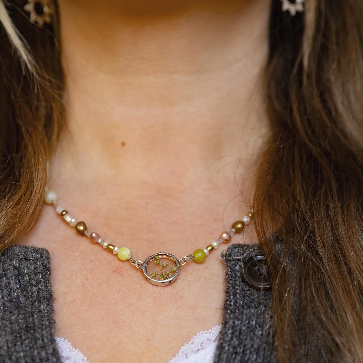 Wild Grass Semi Precious Beaded Jade, Pearl Necklace Sterling Silver