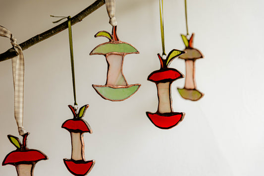 Red Stained Glass Iridescent Apple Core Ornament Suncatcher