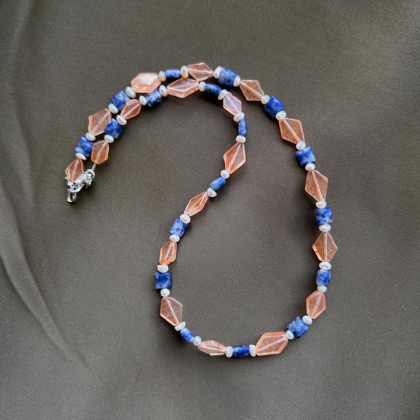 Semi Precious Beaded Sandstone, Lapis Lazuli Necklace Sterling Silver