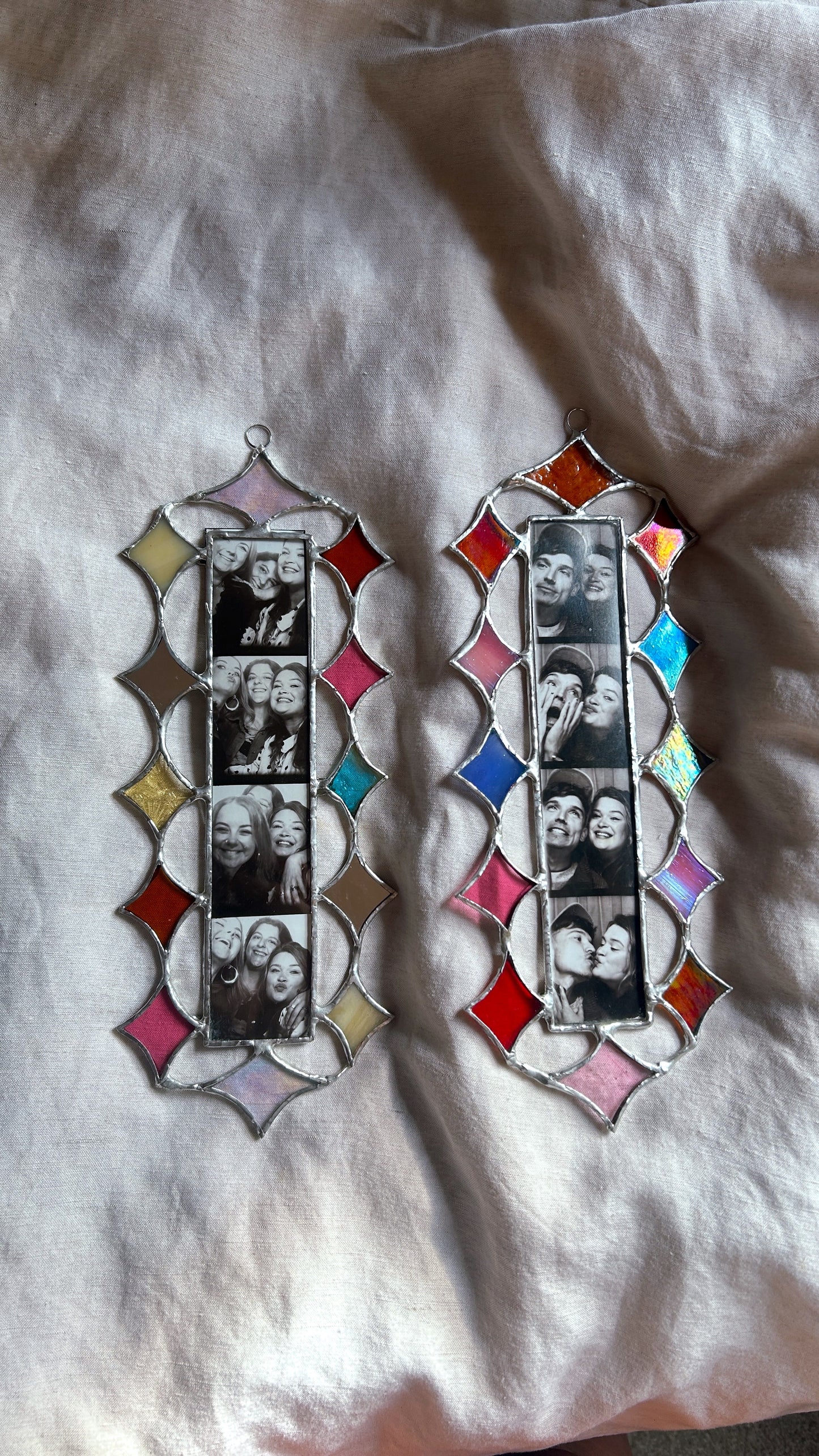 Our Stars Aligned Scalloped Photobooth Stained Glass Frame Mirror Pink Blue Yellow Cream Amber