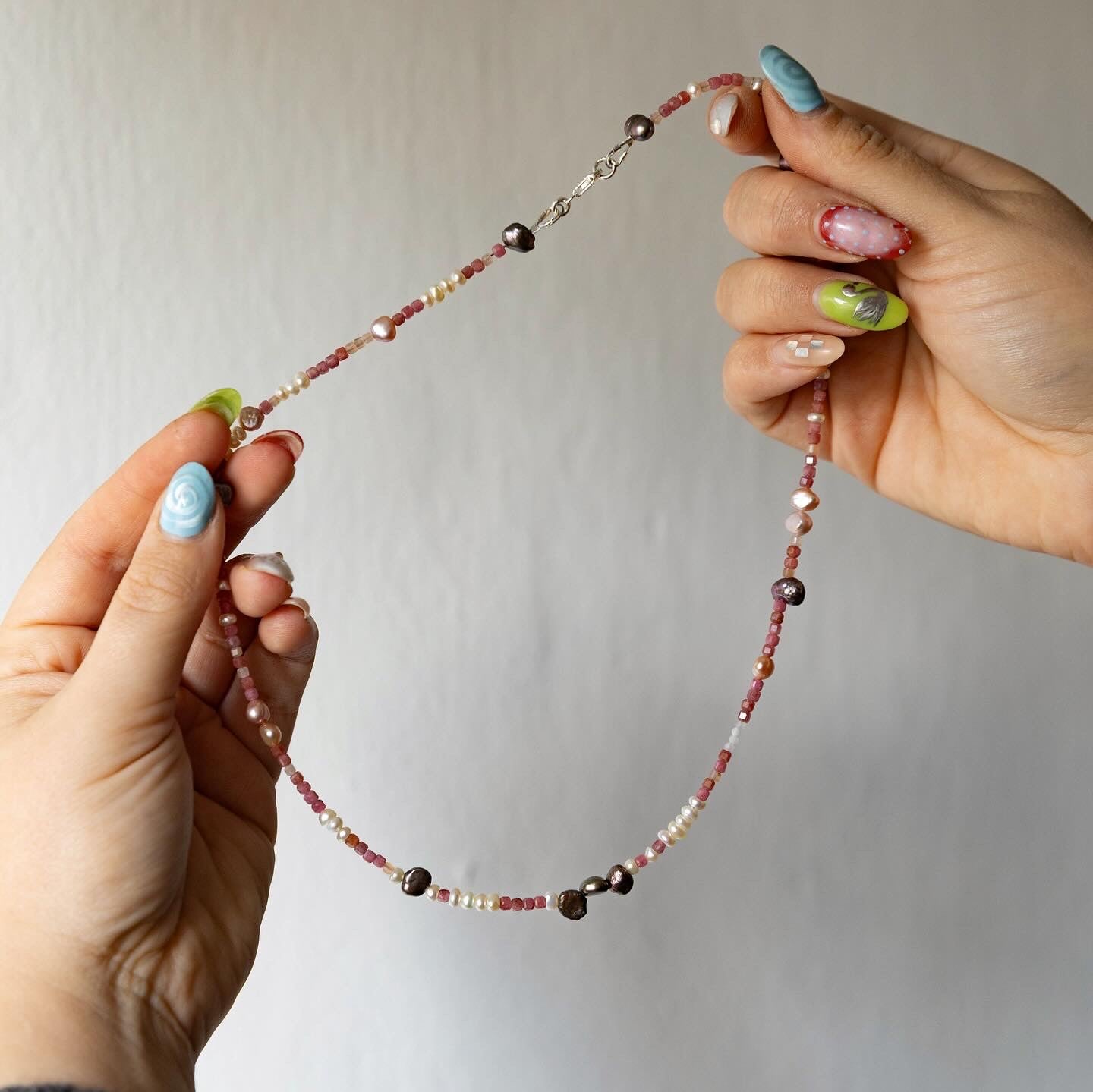 Semi Precious Rhondite Beaded Pearl Necklace Sterling Silver