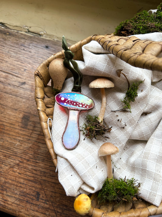 Stained Glass Toadstool Mushroom on Velvet Ribbon