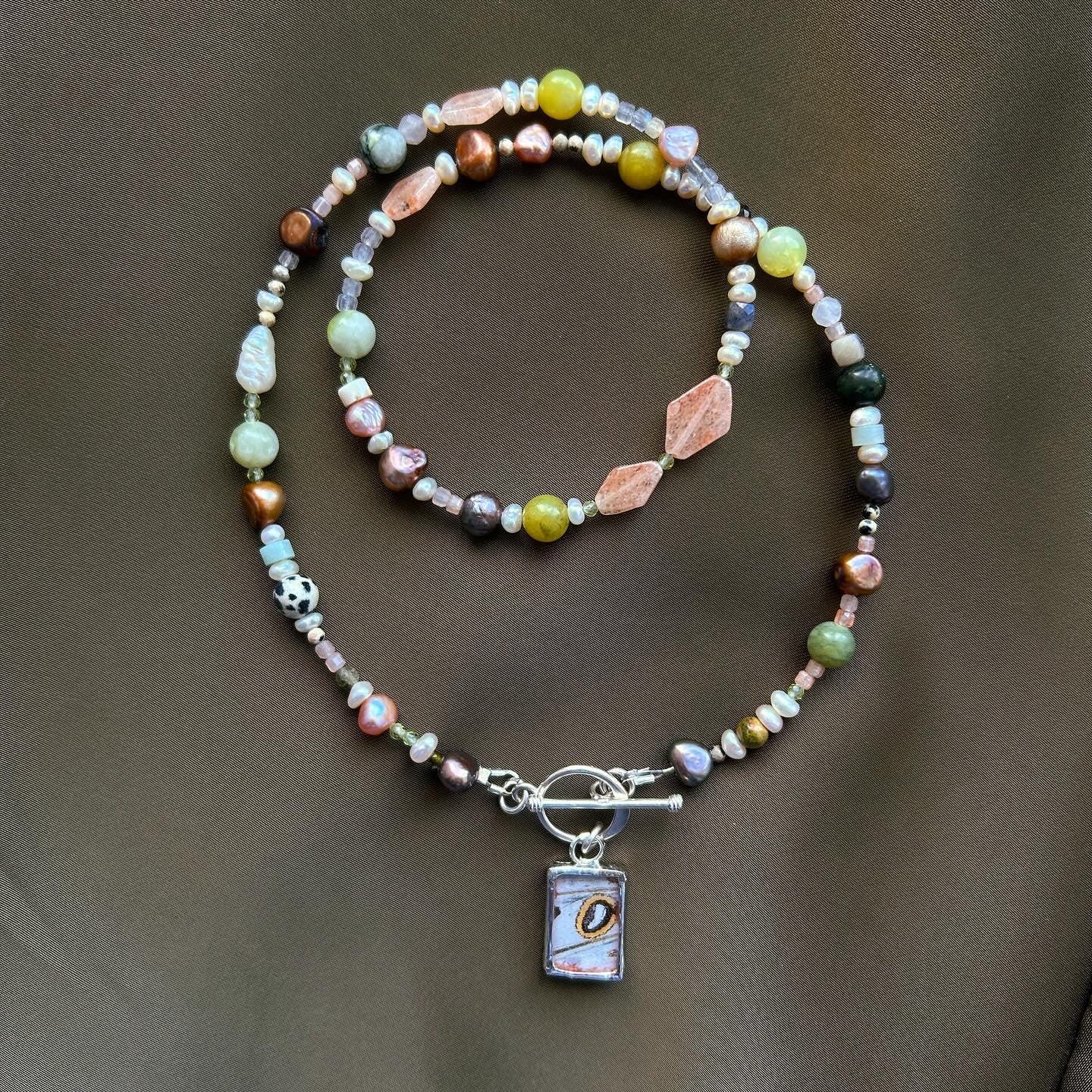 Semi Precious Beaded Jade, Pearl Necklace Sterling Silver