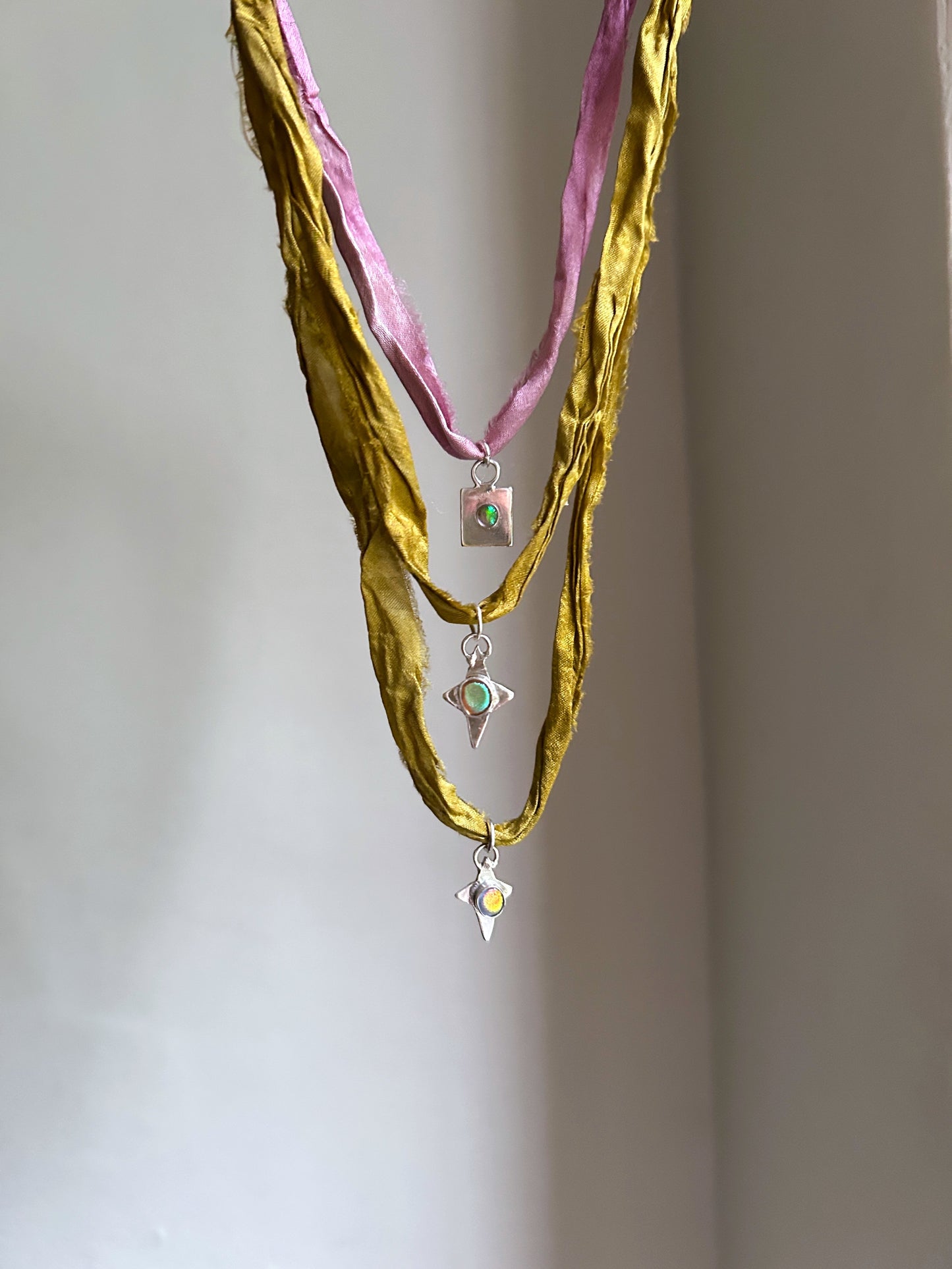 Sterling Silver Square Pendant Handmade on Naturally Dyed Silk