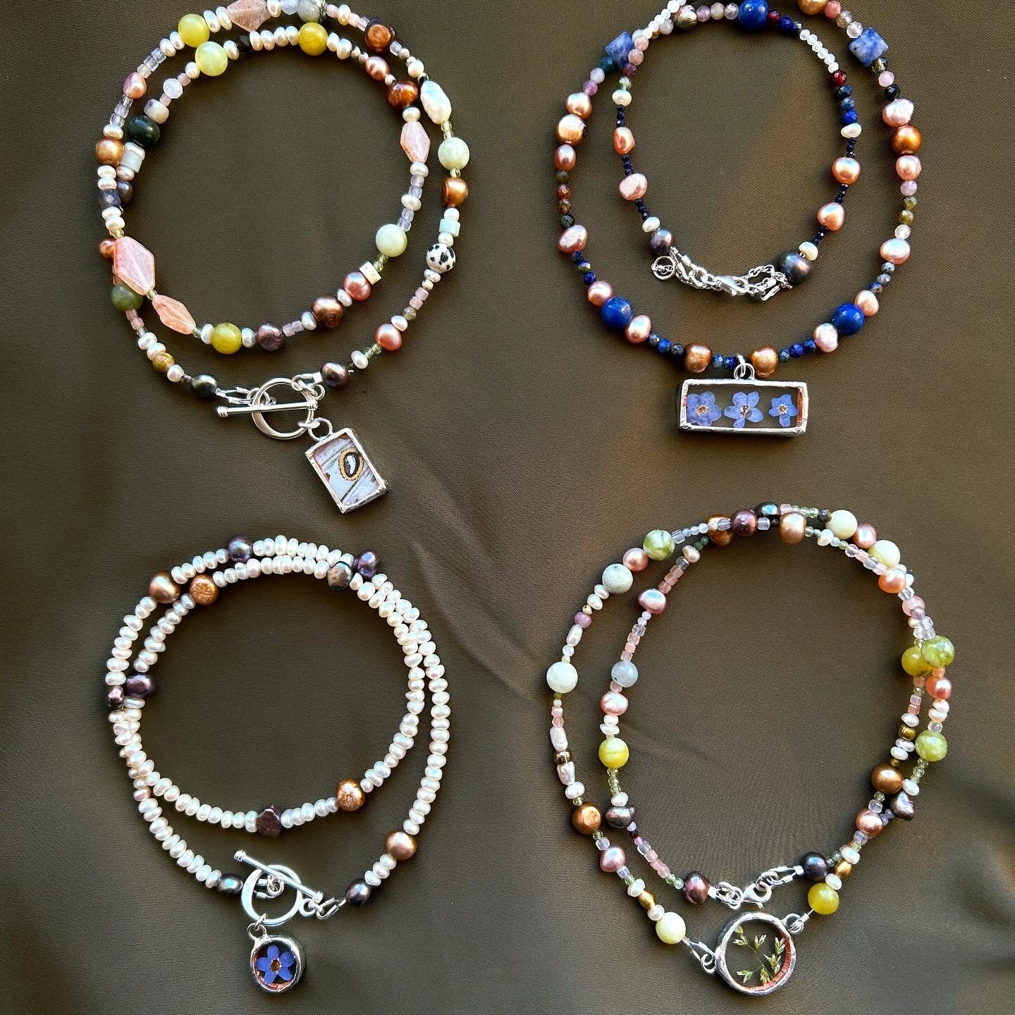 Wild Grass Semi Precious Beaded Jade, Pearl Necklace Sterling Silver