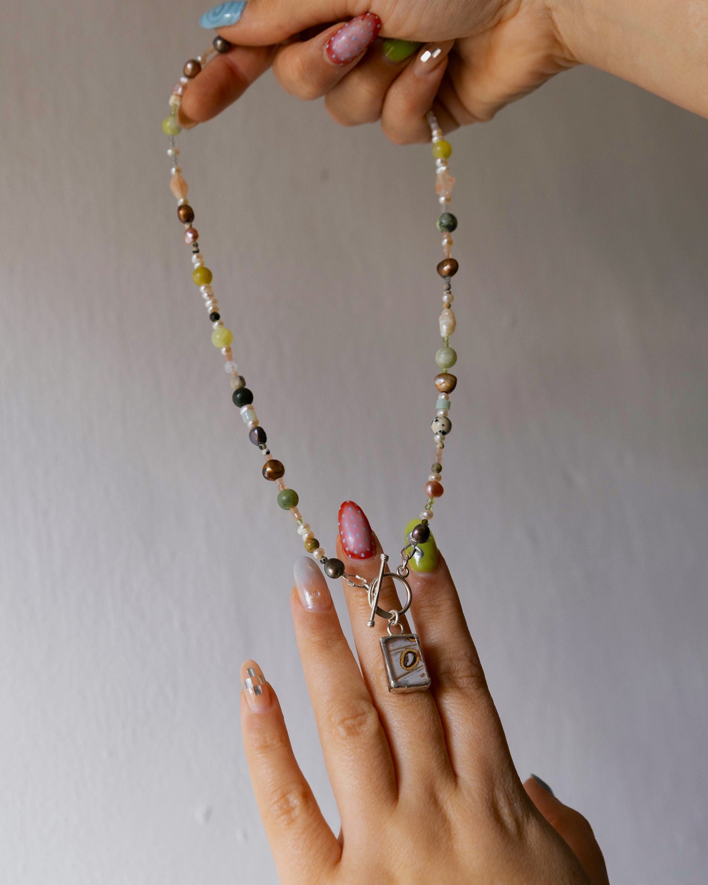 Semi Precious Beaded Jade, Pearl Necklace Sterling Silver