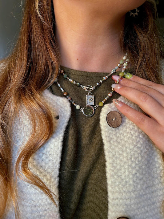 Semi Precious Beaded Jade, Pearl Necklace Sterling Silver