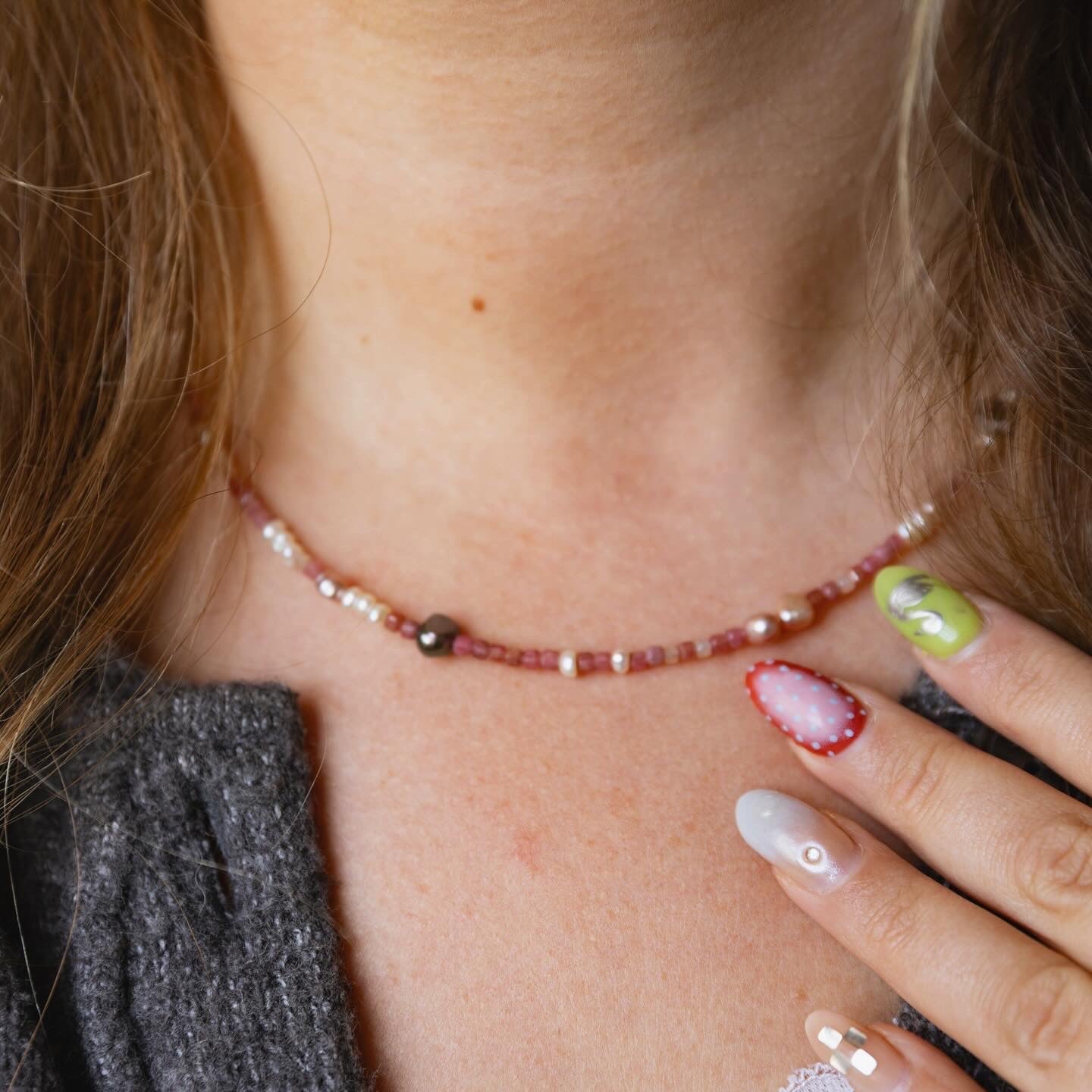 Semi Precious Rhondite Beaded Pearl Necklace Sterling Silver