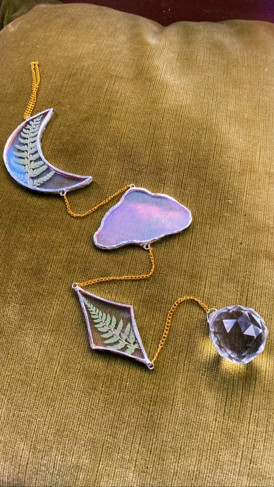 Made to order Botanical Celestial Moon/ Cloud/ Star Mobile with Pressed Fern Leaves in Glass