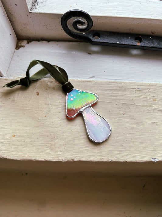 Stained Glass Toadstool Mushroom on Velvet Ribbon
