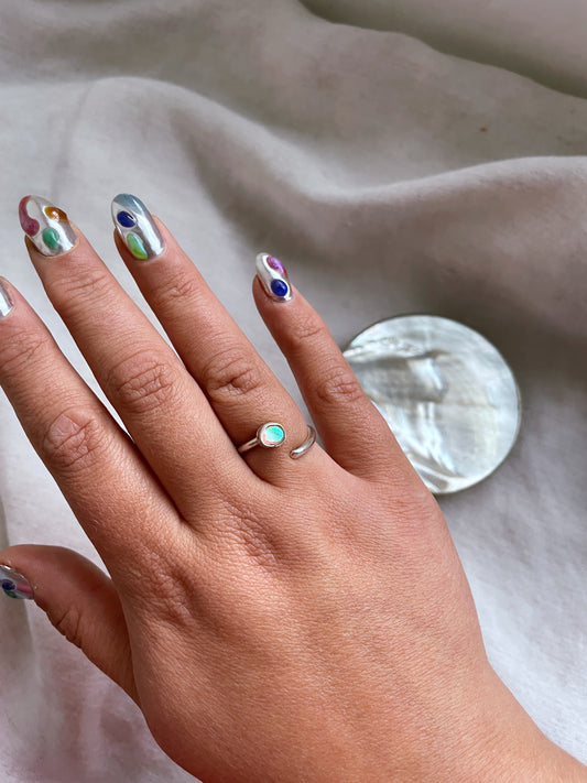 Adjustable Size M-O Sterling Silver Ring with Dichroic Glass Stone