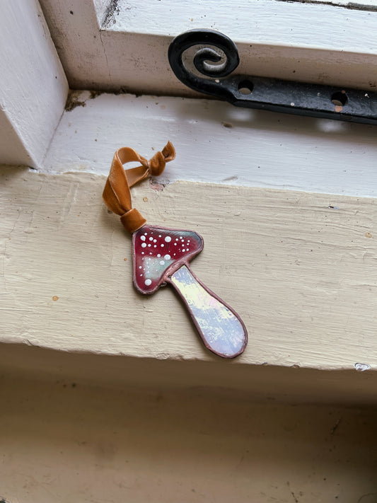 Stained Glass Toadstool Mushroom on Velvet Ribbon