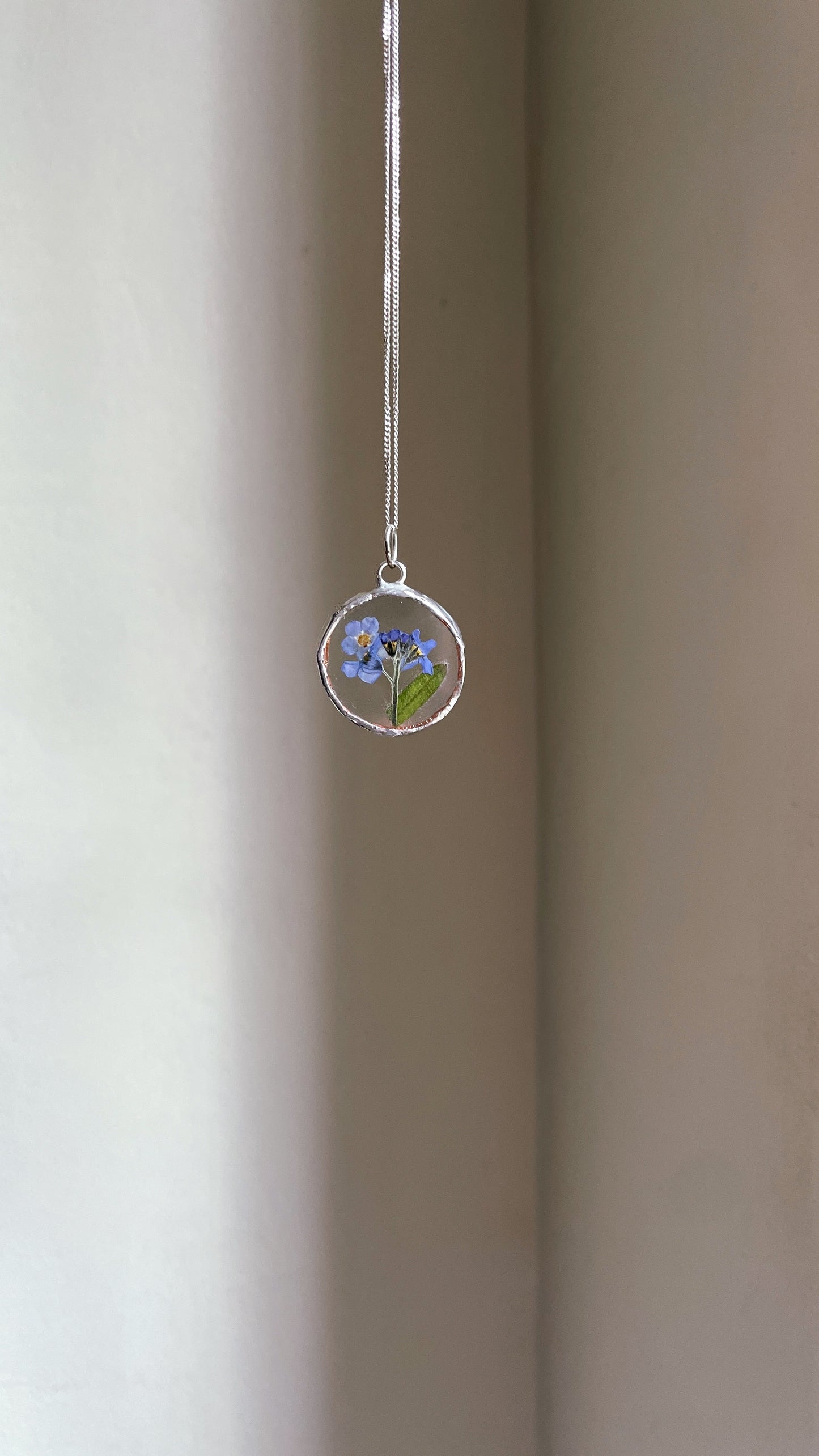 Forget me Not Stem Pressed Flower Circle Pendant (no Chain)