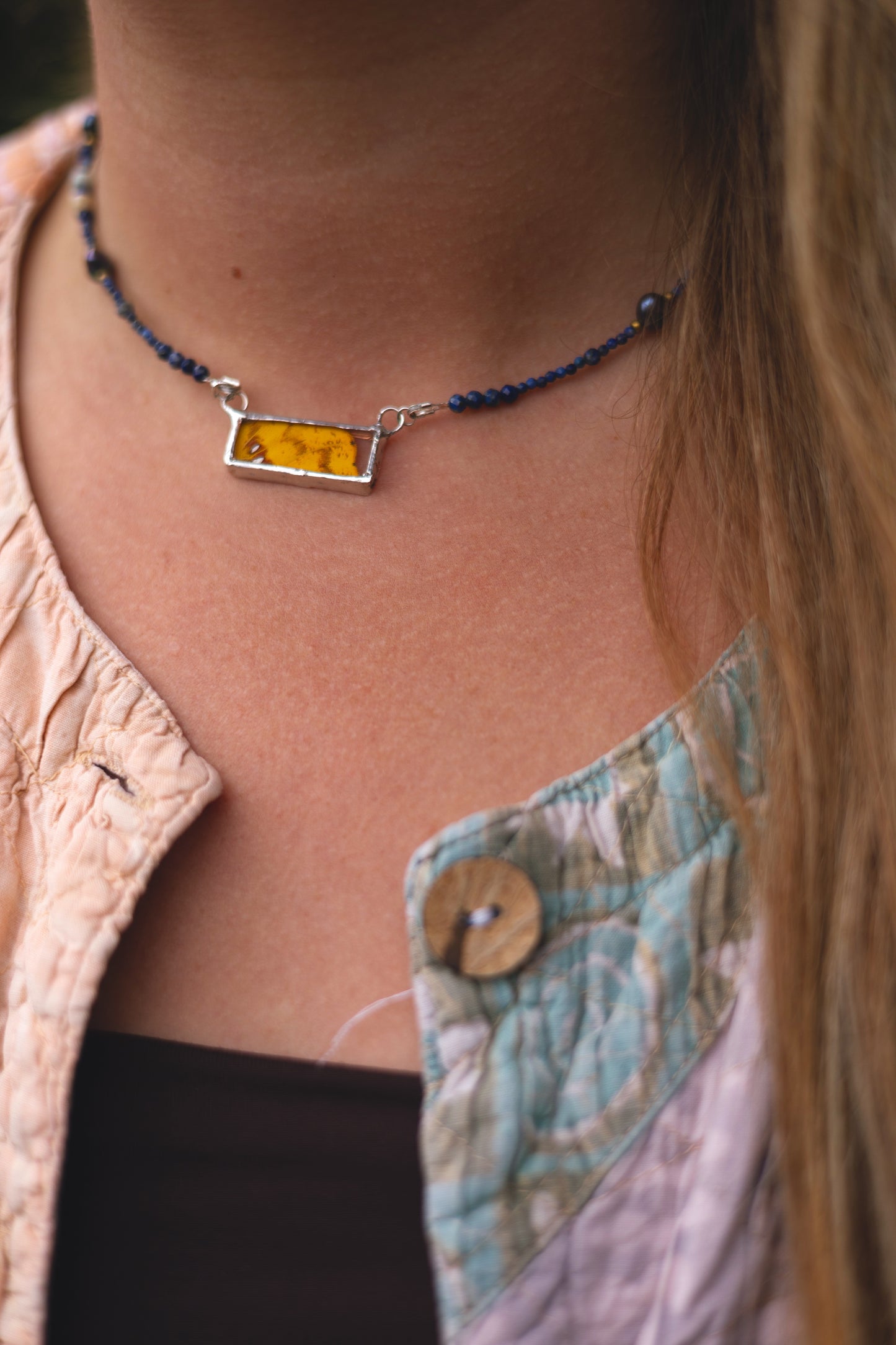 Beaded Necklace Yellow Butterfly Wing and Lapis Lazuli with Sterling Silver Clasp