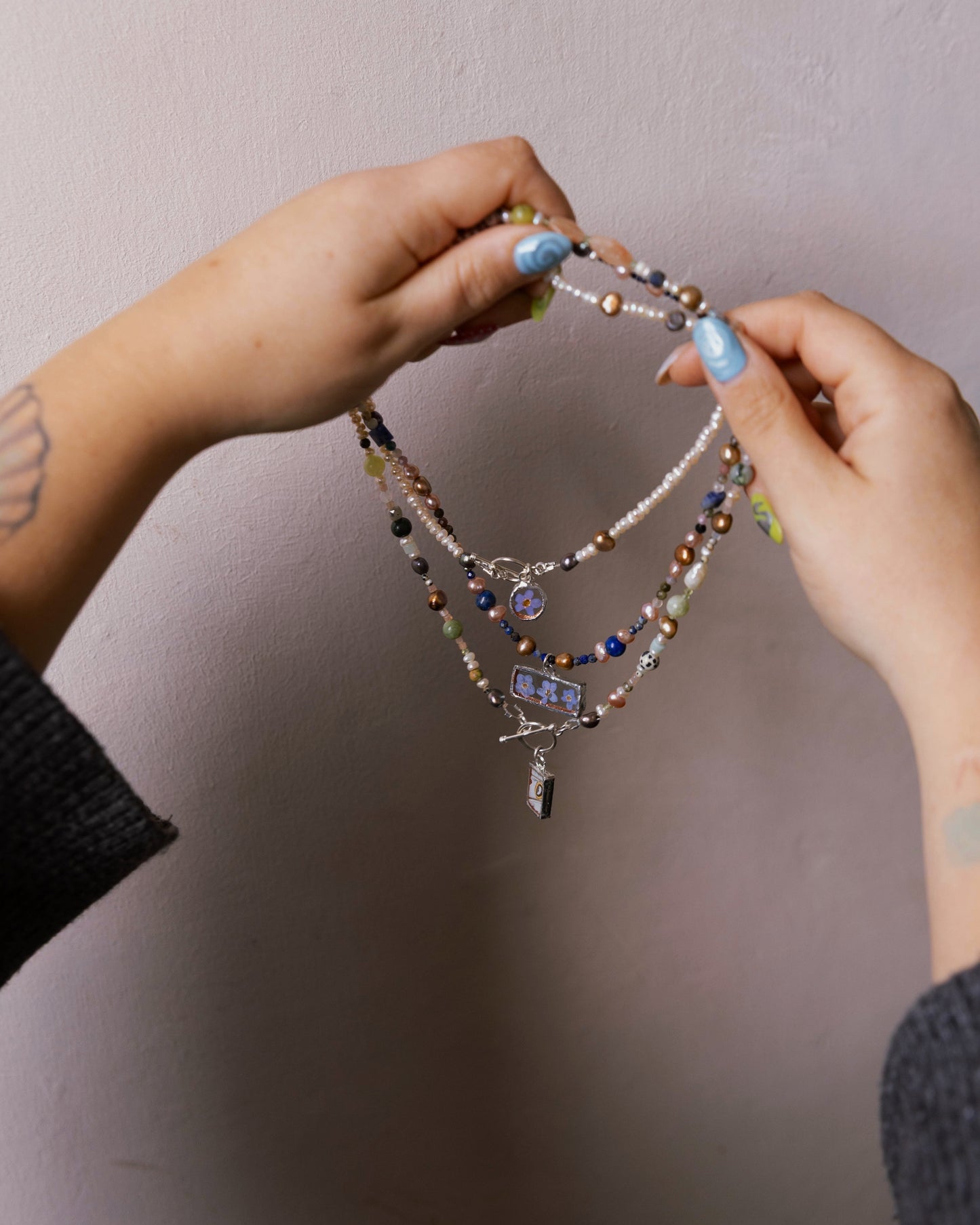 Semi Precious Beaded Jade, Pearl Necklace Sterling Silver