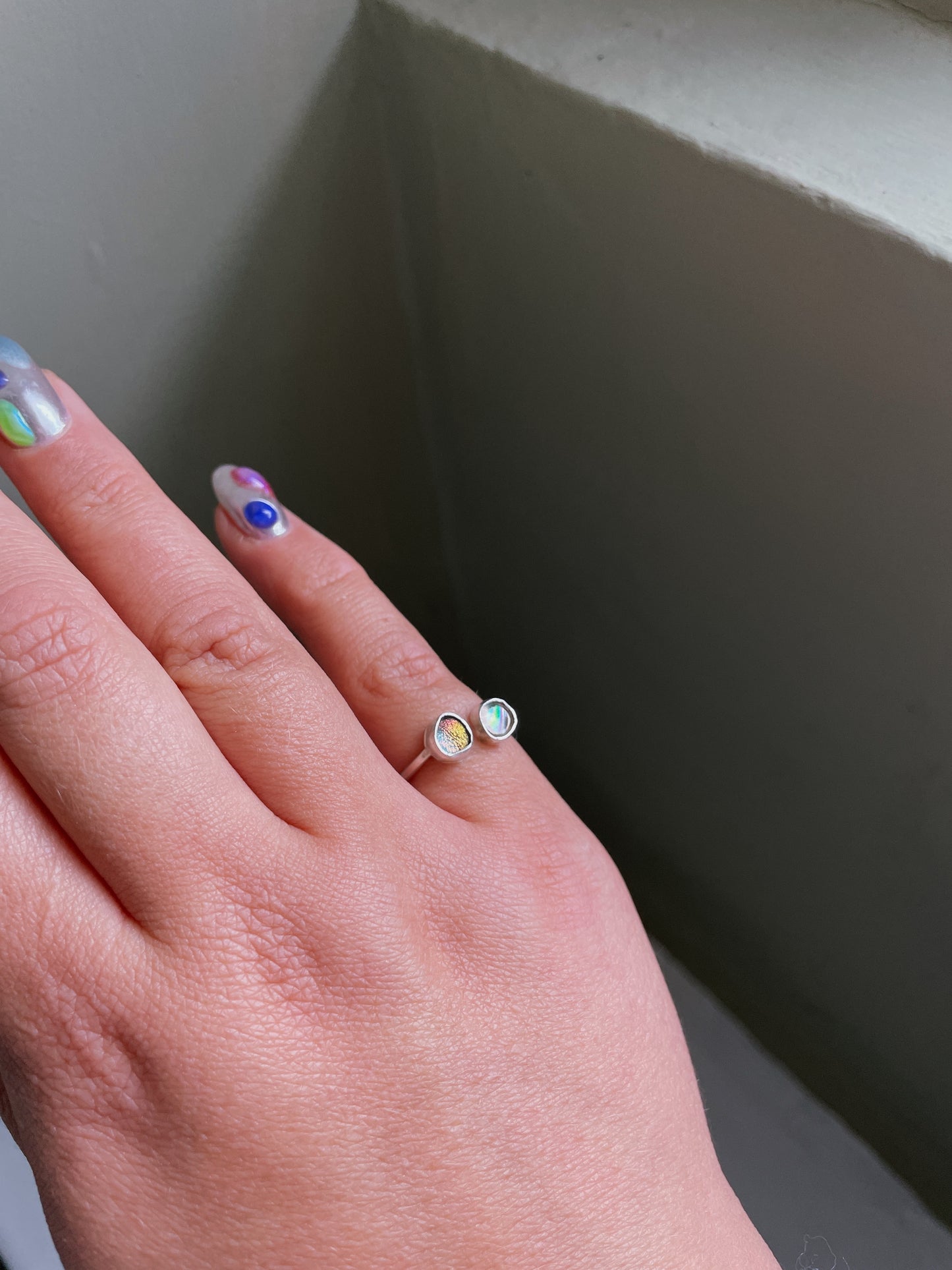 Adjustable Size K-M Sterling Silver Ring with Dichroic Glass Stone