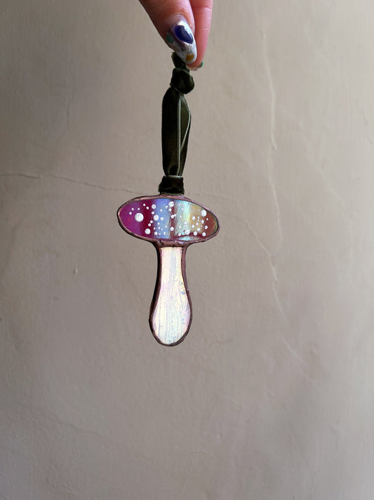 Stained Glass Toadstool Mushroom on Velvet Ribbon