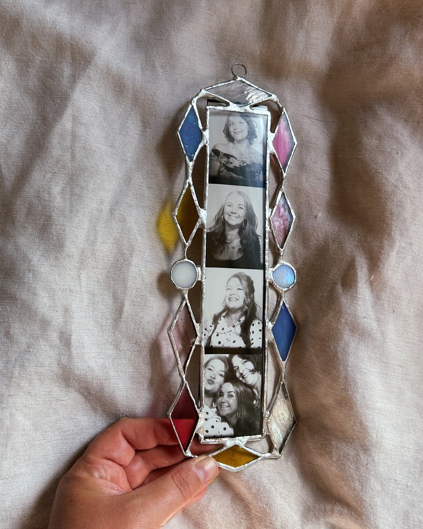 Art Deco Photobooth Stained Glass Frame White Blue Pink Yellow