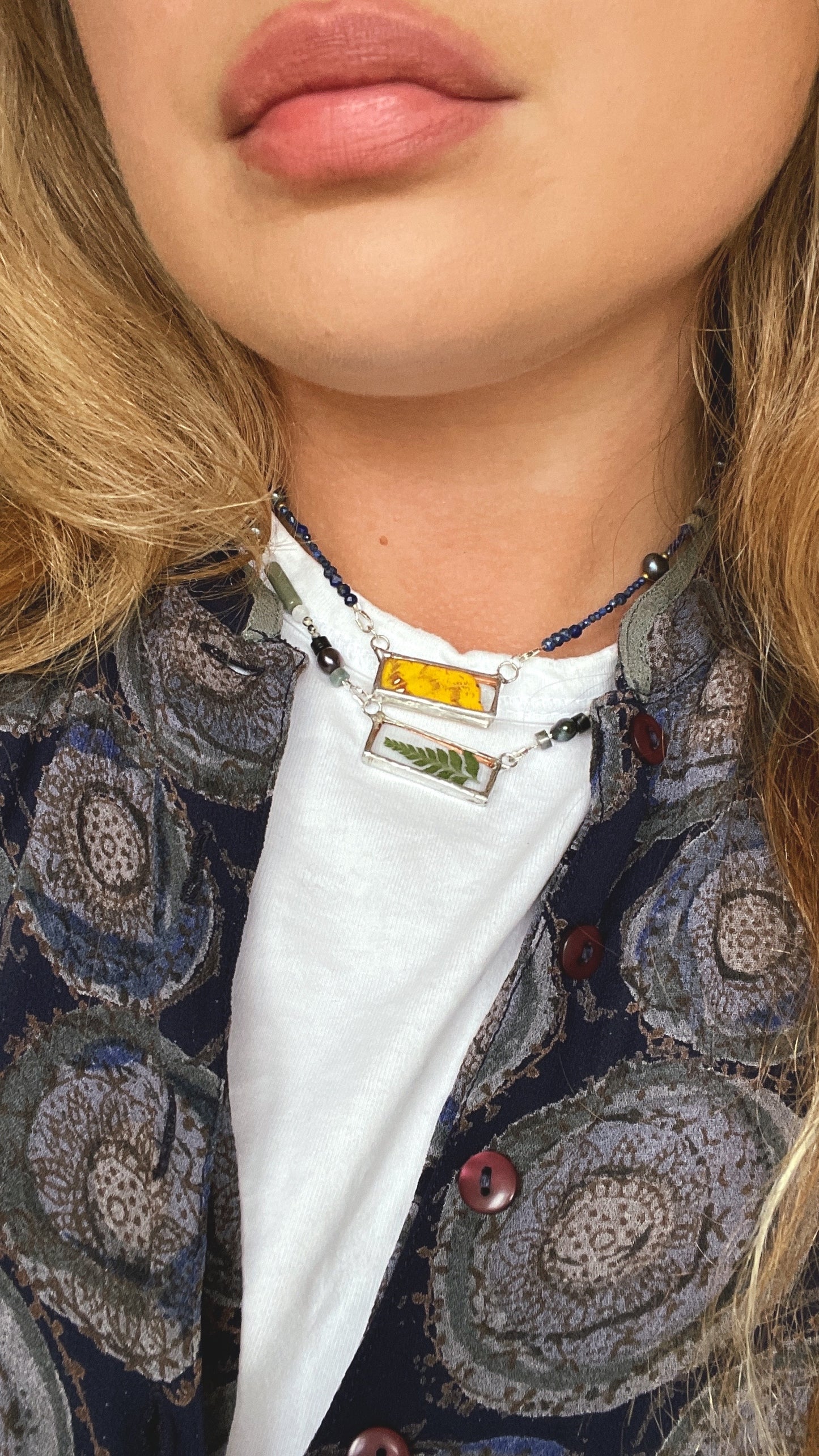 Beaded Necklace Yellow Butterfly Wing and Lapis Lazuli with Sterling Silver Clasp