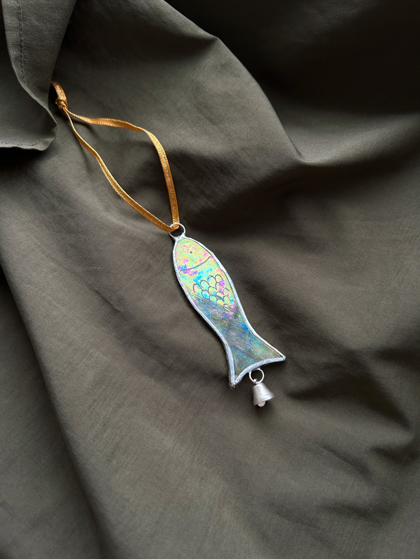 Stained Glass Fish Token Ornament with a Bell