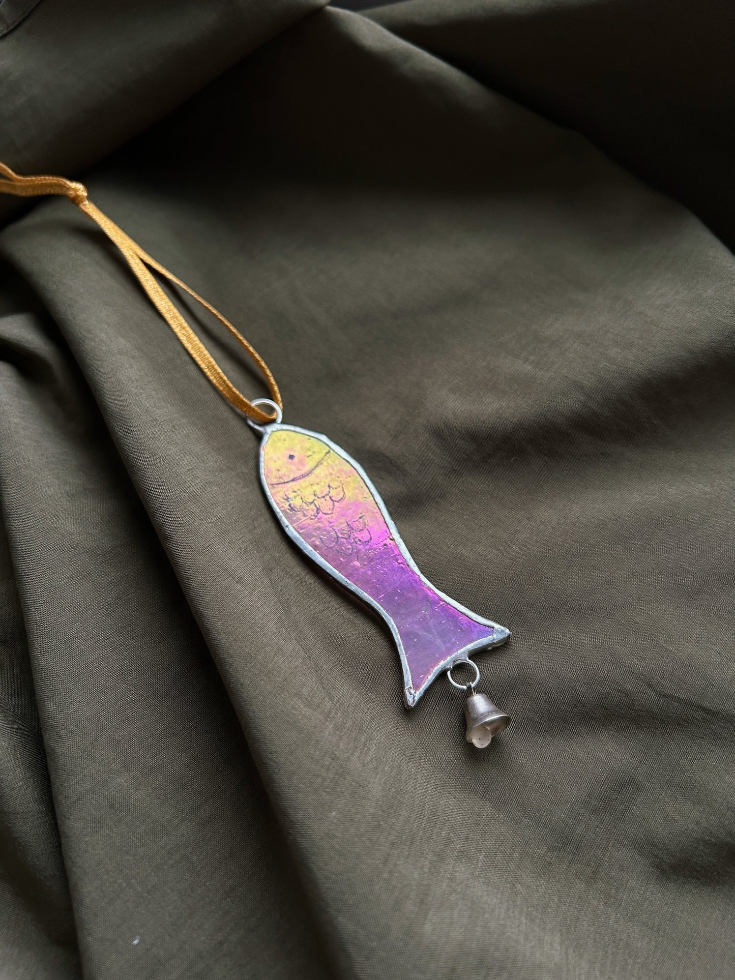 Stained Glass Fish Token Ornament with a Bell