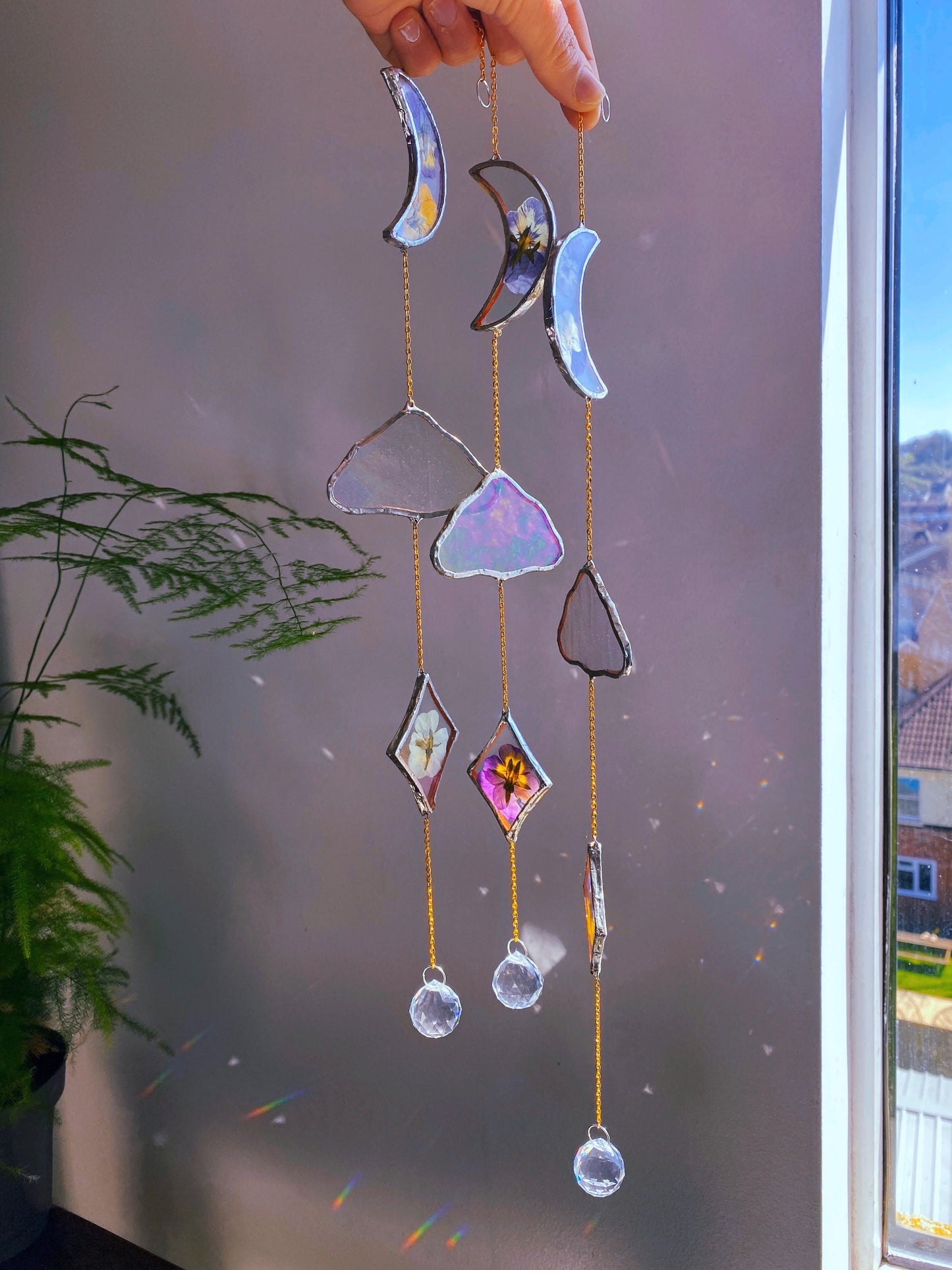 Celestial Stained Glass Mobile Moon/ Cloud/ Star with Pressed Pansy Flowers(2-3 weeks)