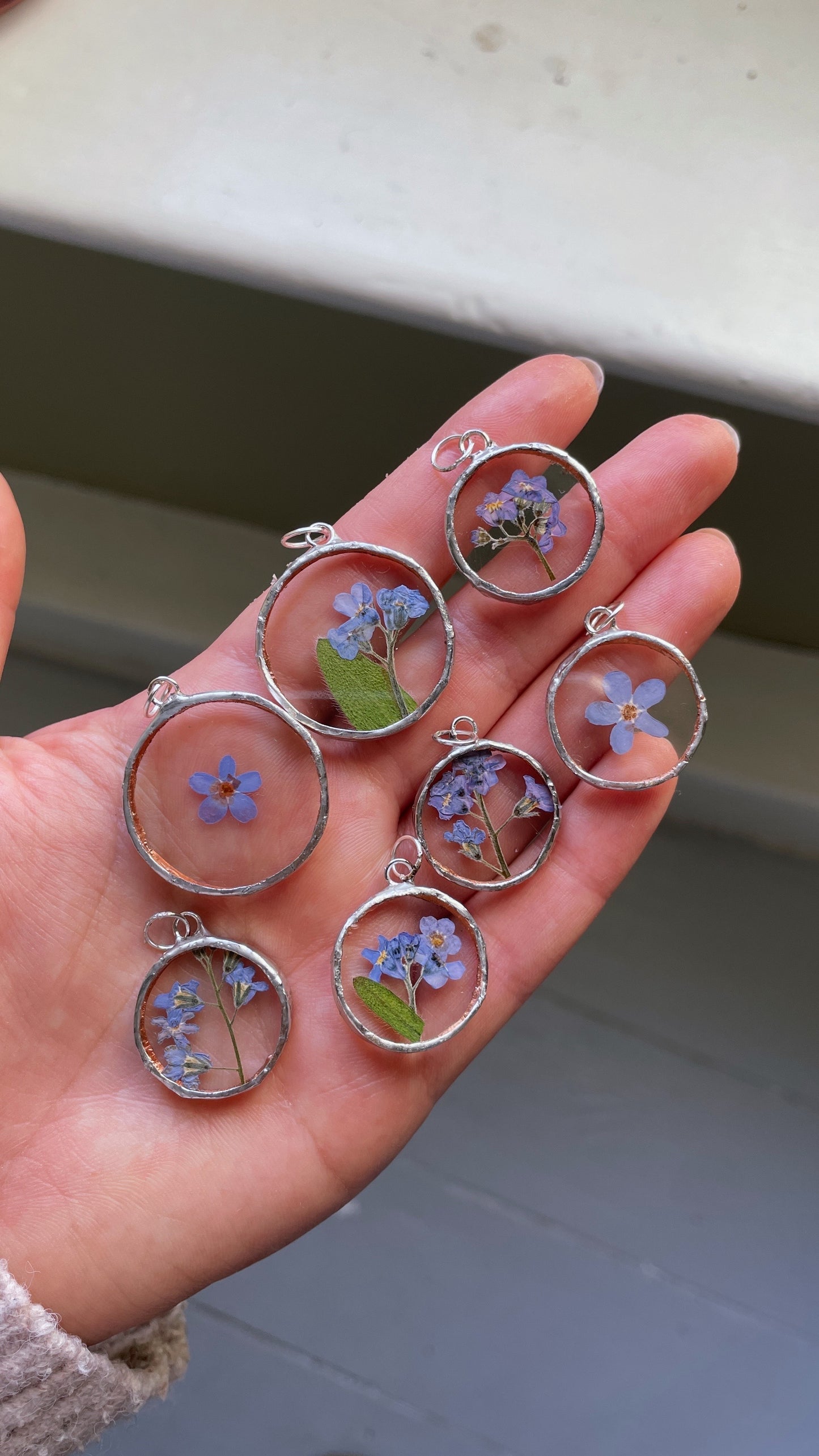 Forget me Not Stem Pressed Flower Circle Pendant (no Chain)
