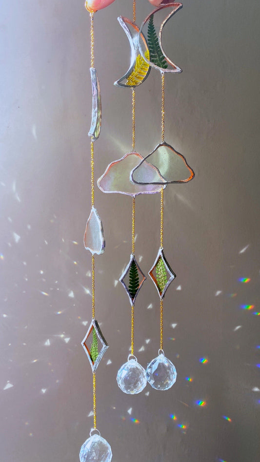 Made to order Botanical Celestial Moon/ Cloud/ Star Mobile with Pressed Fern Leaves in Glass