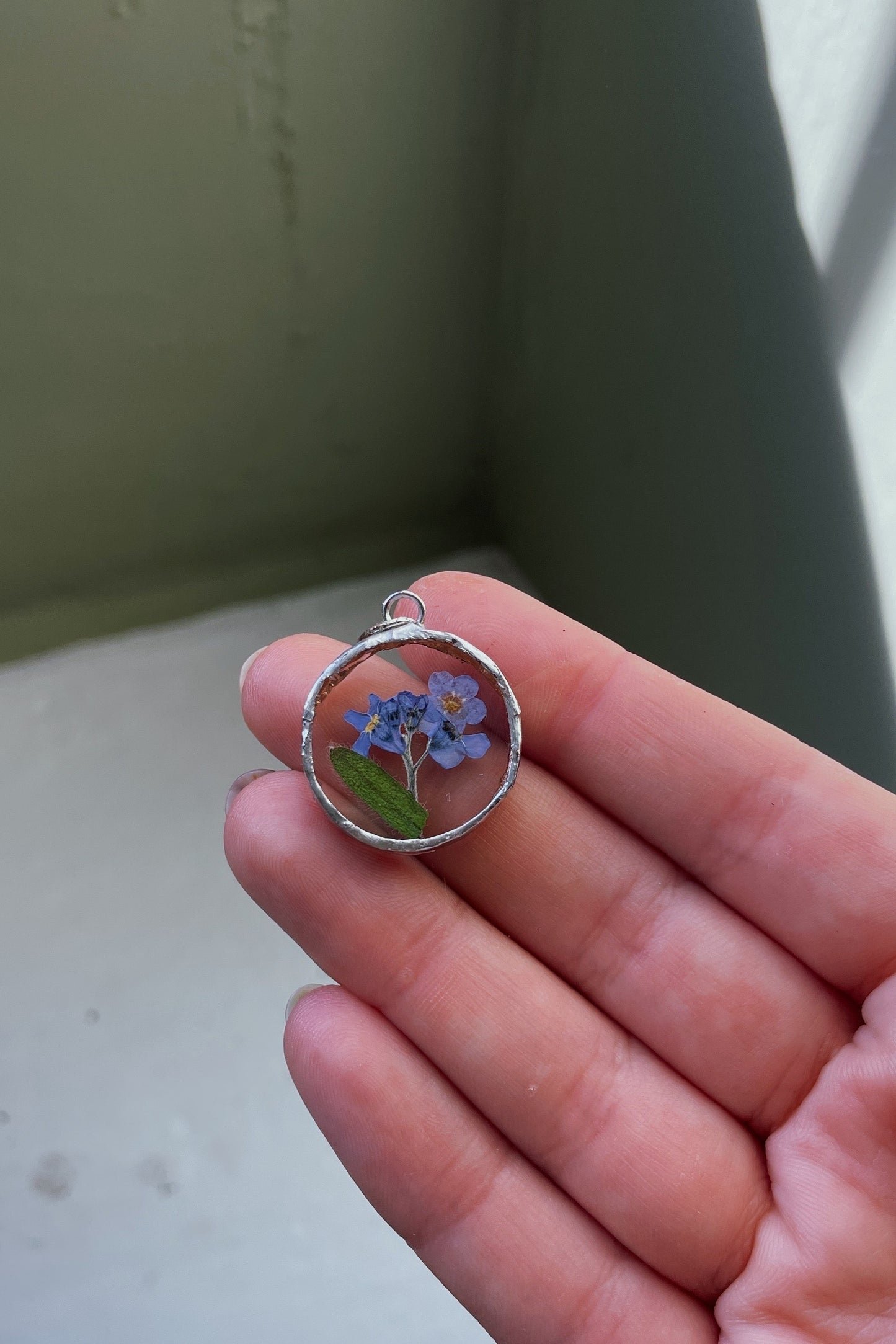 Forget me Not Stem Pressed Flower Circle Pendant (no Chain)