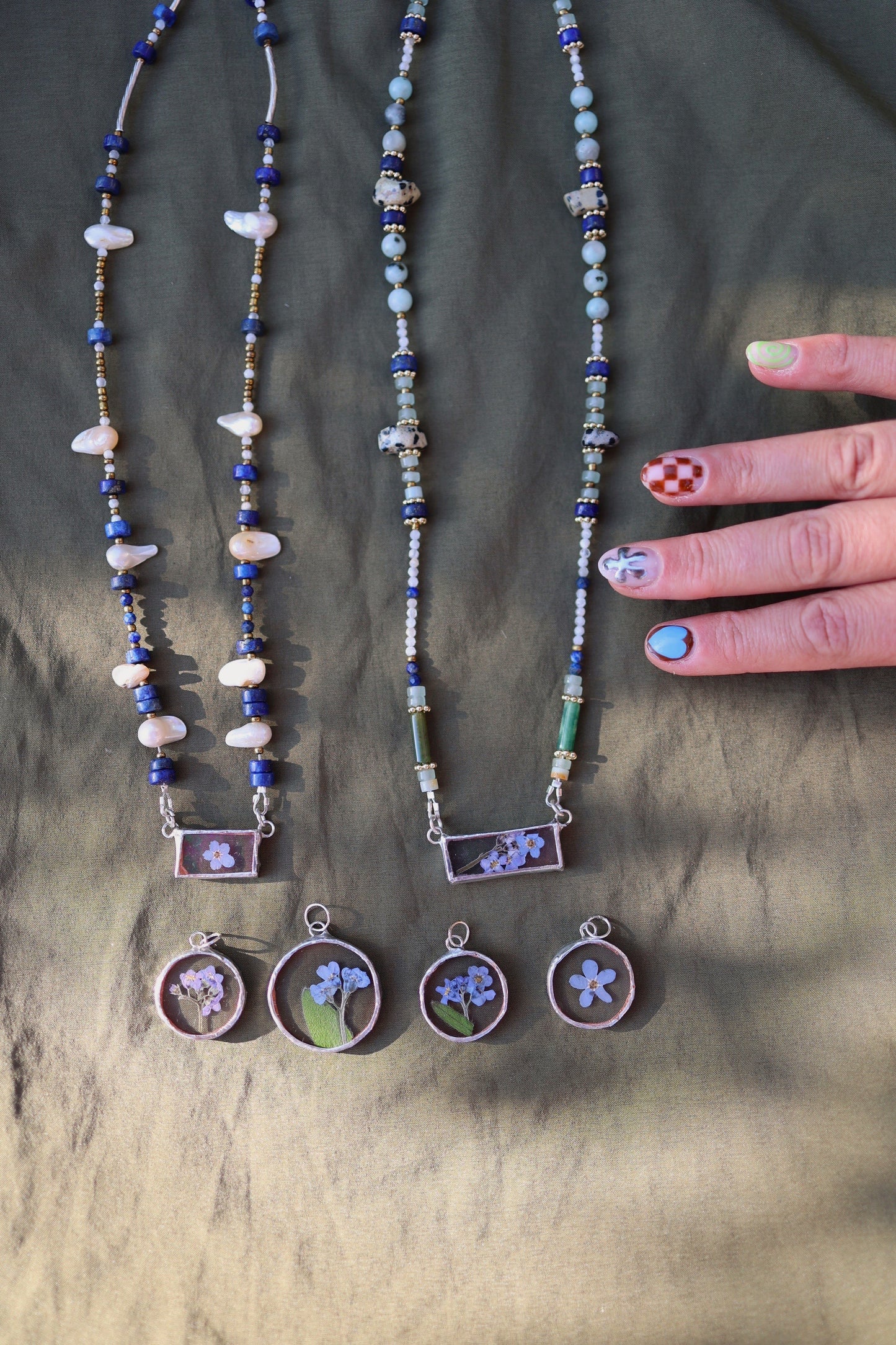 Forget me Not Stem Pressed Flower Circle Pendant (no Chain)