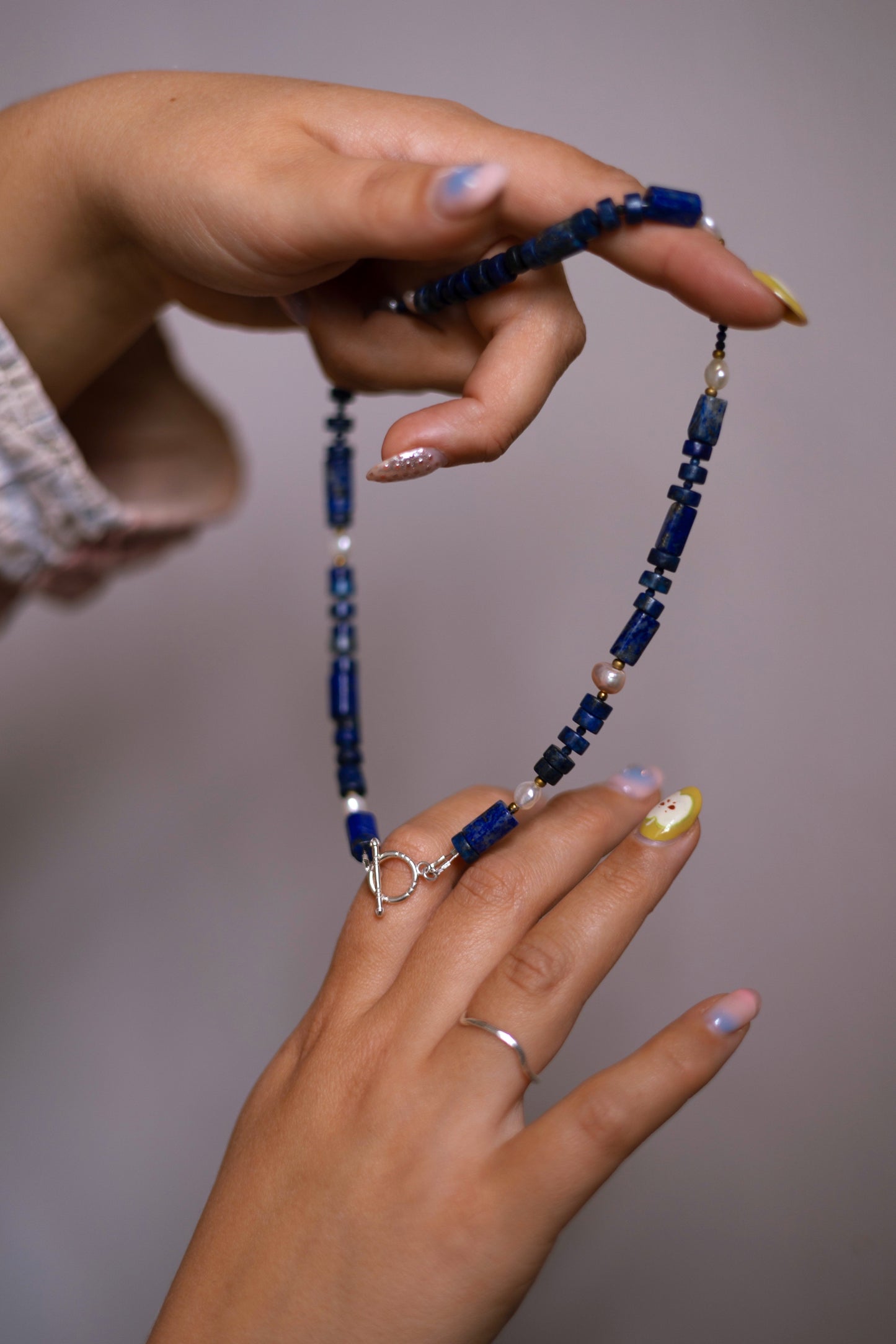 Beaded Necklace Lapis Lazuli and Freshwater Pearls with Sterling Silver Toggle