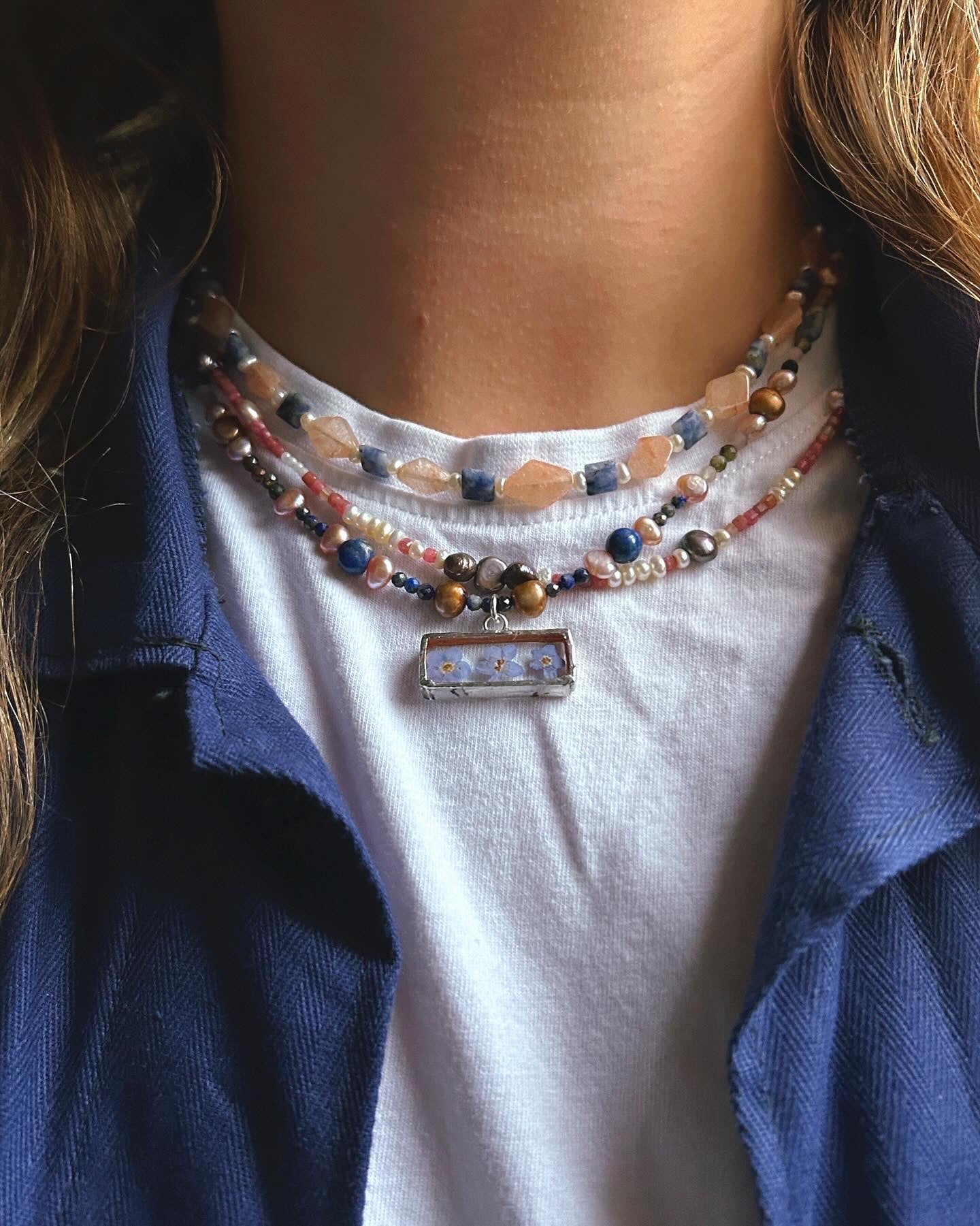 Semi Precious Rhondite Beaded Pearl Necklace Sterling Silver