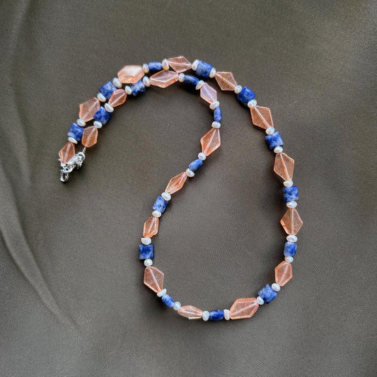 Semi Precious Beaded Sandstone, Lapis Lazuli Necklace Sterling Silver
