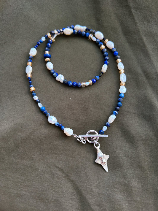 Pearl and Lapis Lazuli Faceted Semi Precious Beaded Necklace with Sterling Silver Star