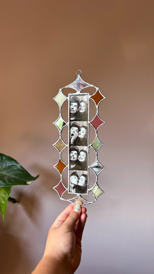 Our Stars Aligned Scalloped Photobooth Stained Glass Frame Mirror Pink Blue Yellow Cream Amber