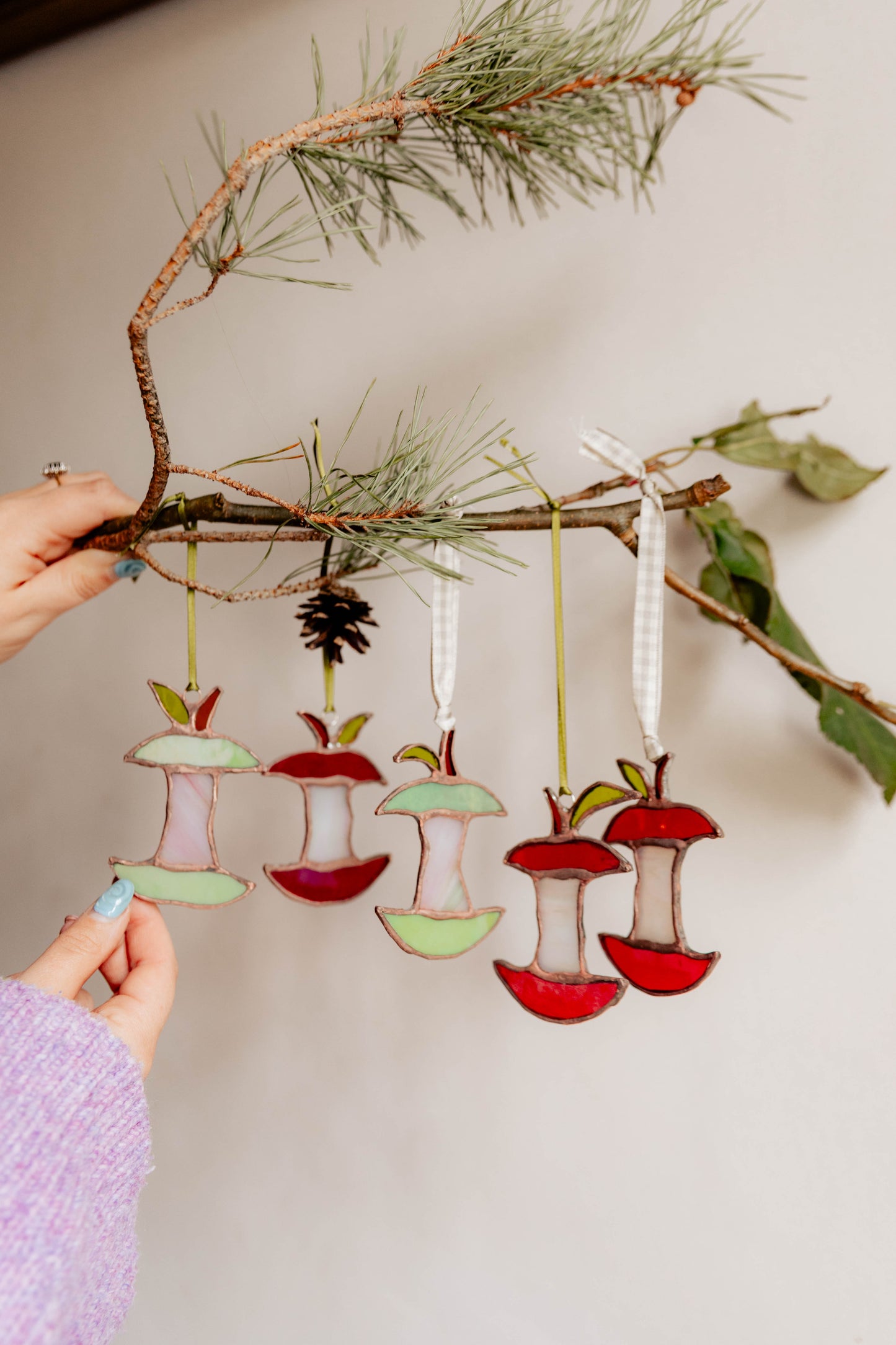Red Stained Glass Iridescent Apple Core Ornament Suncatcher