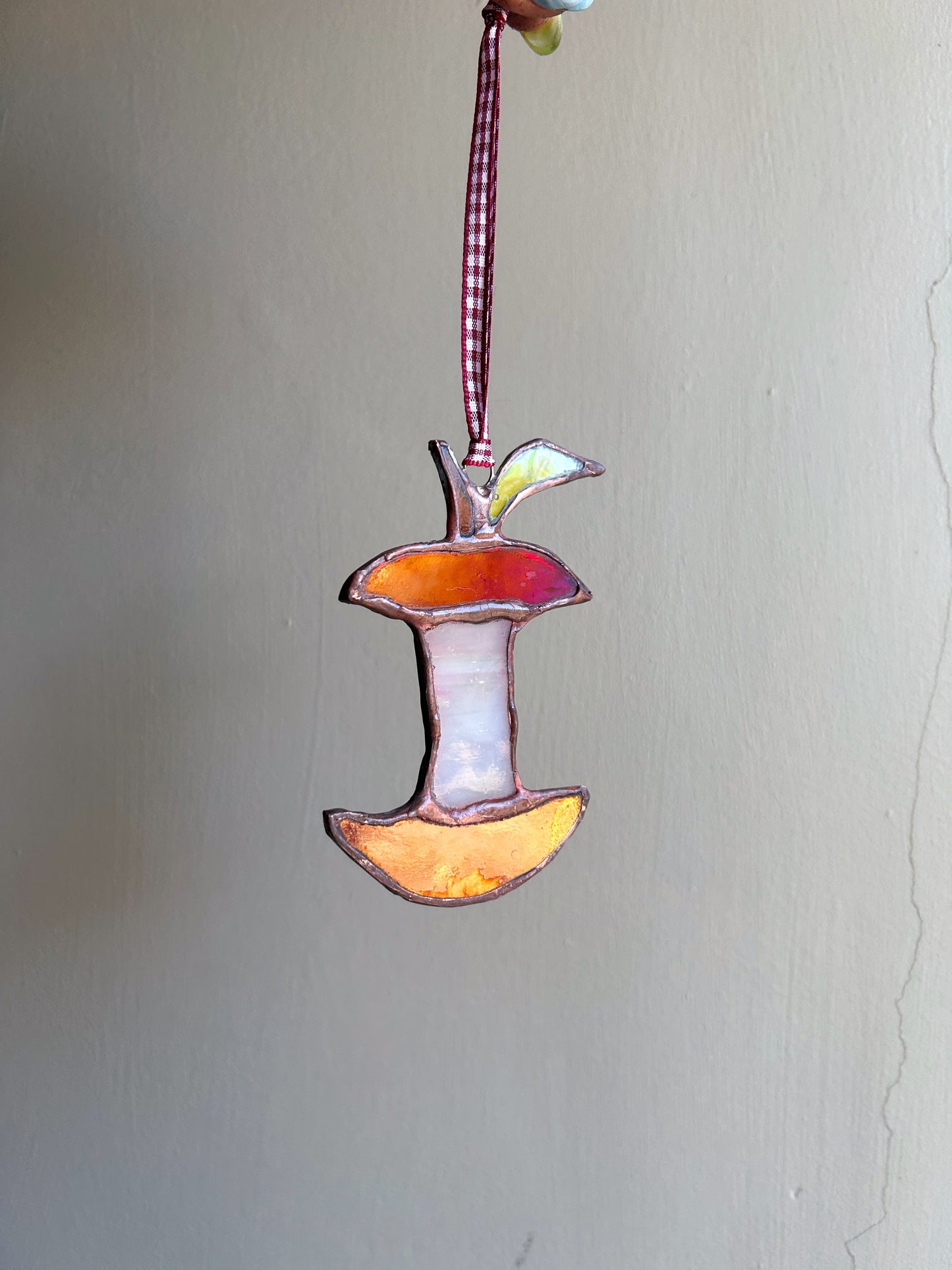 Red Stained Glass Iridescent Apple Core Ornament Suncatcher