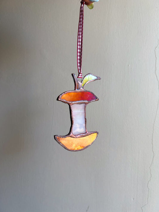 Red Stained Glass Iridescent Apple Core Ornament Suncatcher