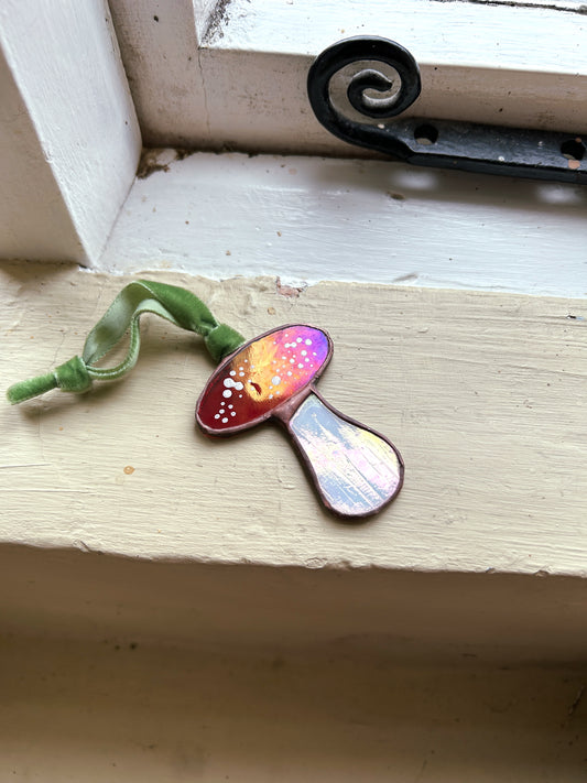 Stained Glass Toadstool Mushroom on Velvet Ribbon