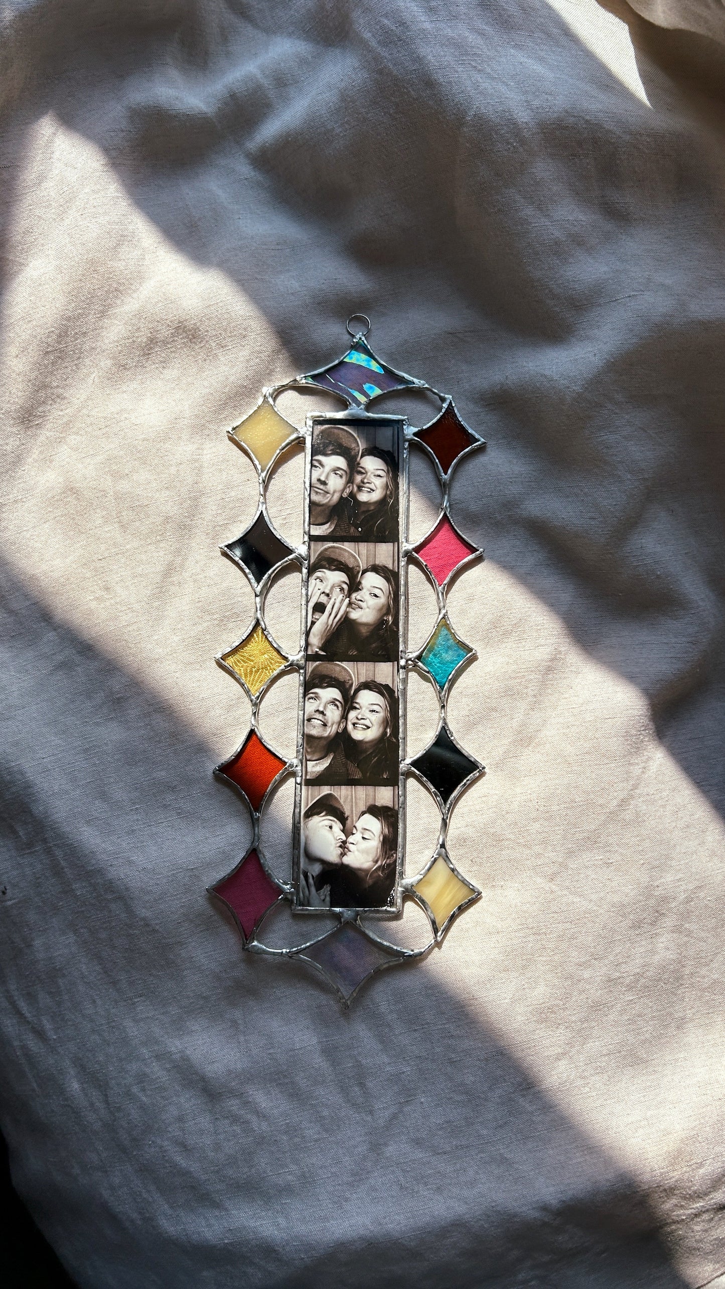 Our Stars Aligned Scalloped Photobooth Stained Glass Frame Mirror Pink Blue Yellow Cream Amber