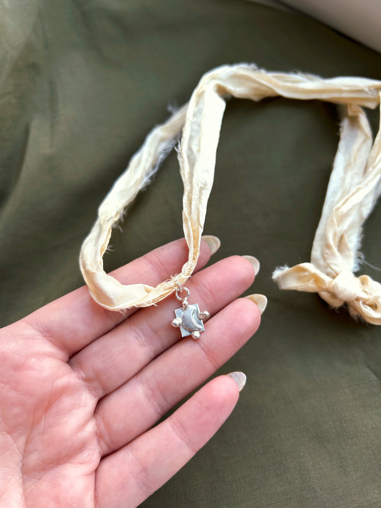Sterling Silver Moon on Plant Dyed Silk