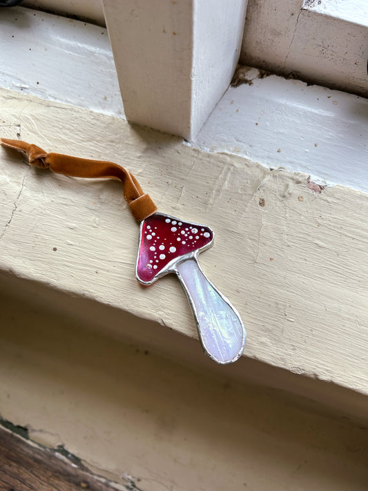 Stained Glass Toadstool Mushroom on Velvet Ribbon