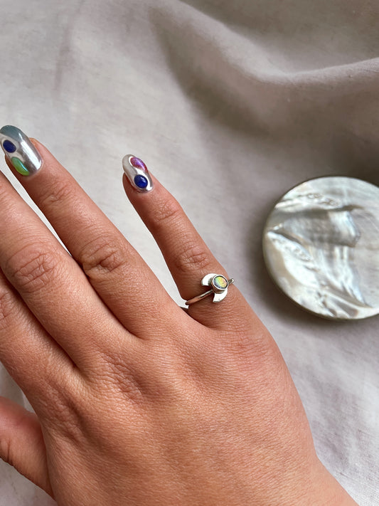 Size L Sterling Silver Moon Ring with Dichroic Glass Stone