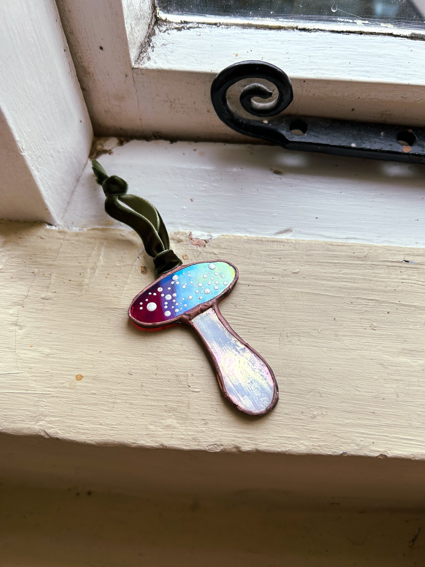 Stained Glass Toadstool Mushroom on Velvet Ribbon