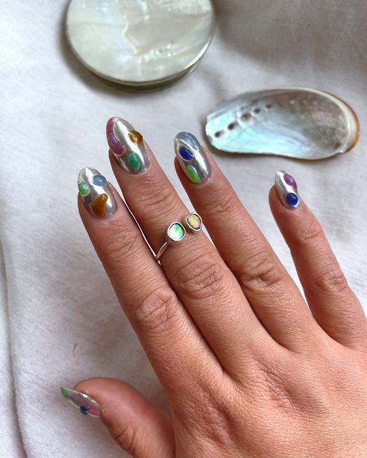 Adjustable Size K-M Sterling Silver Ring with Dichroic Glass Stone