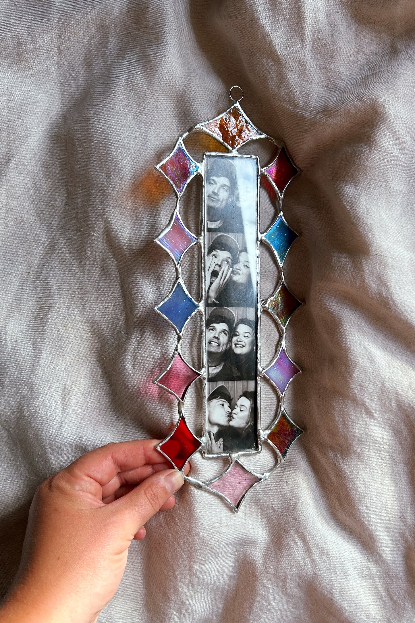 Our Stars Aligned Scalloped Photobooth Stained Glass Frame Mirror Pink Red Blue Amber