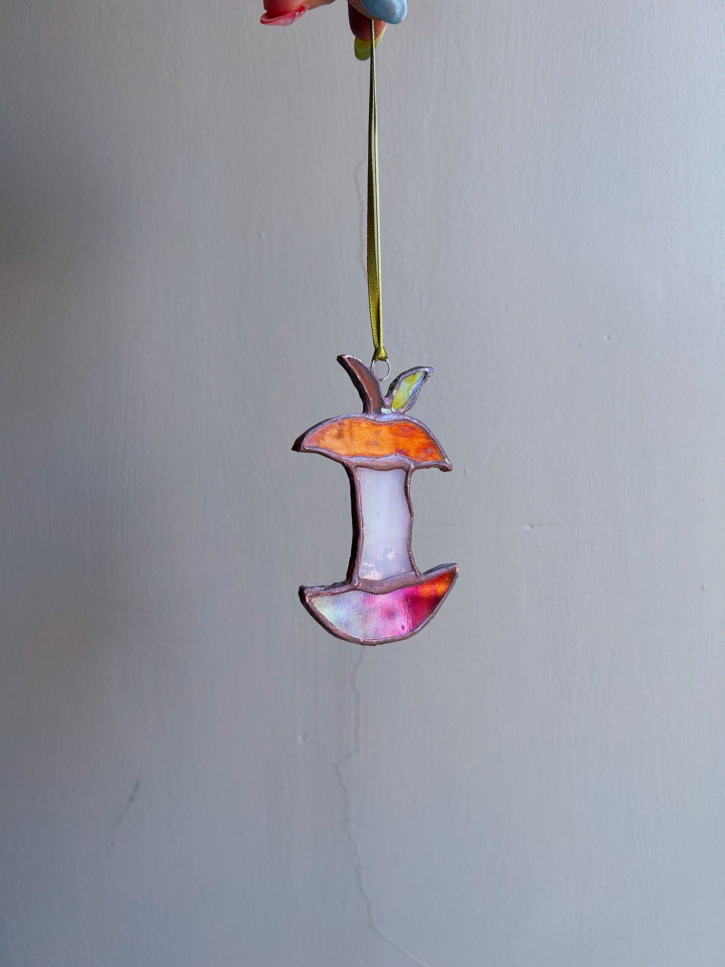 Red Stained Glass Iridescent Apple Core Ornament Suncatcher