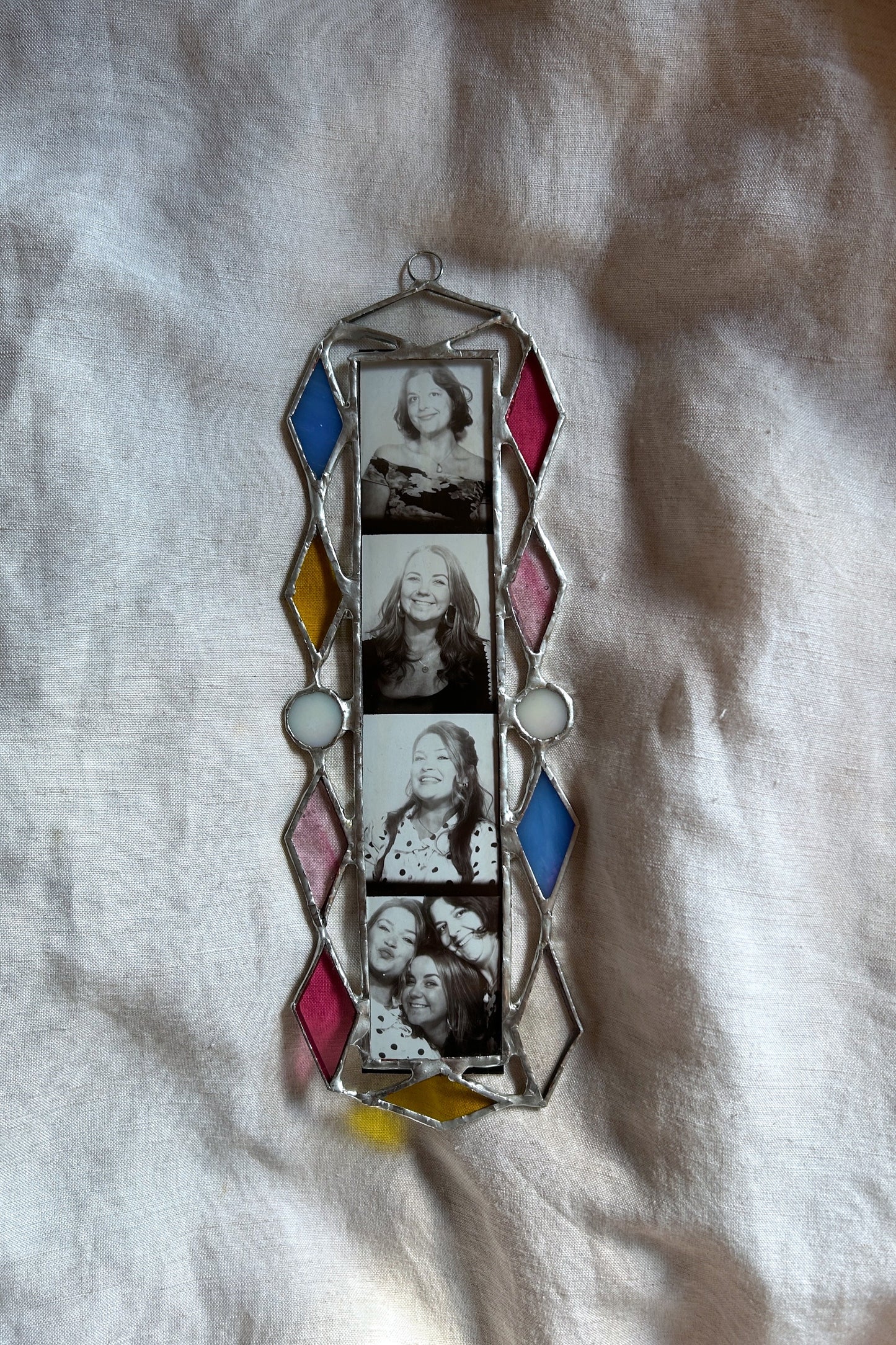 Art Deco Photobooth Stained Glass Frame White Blue Pink Yellow