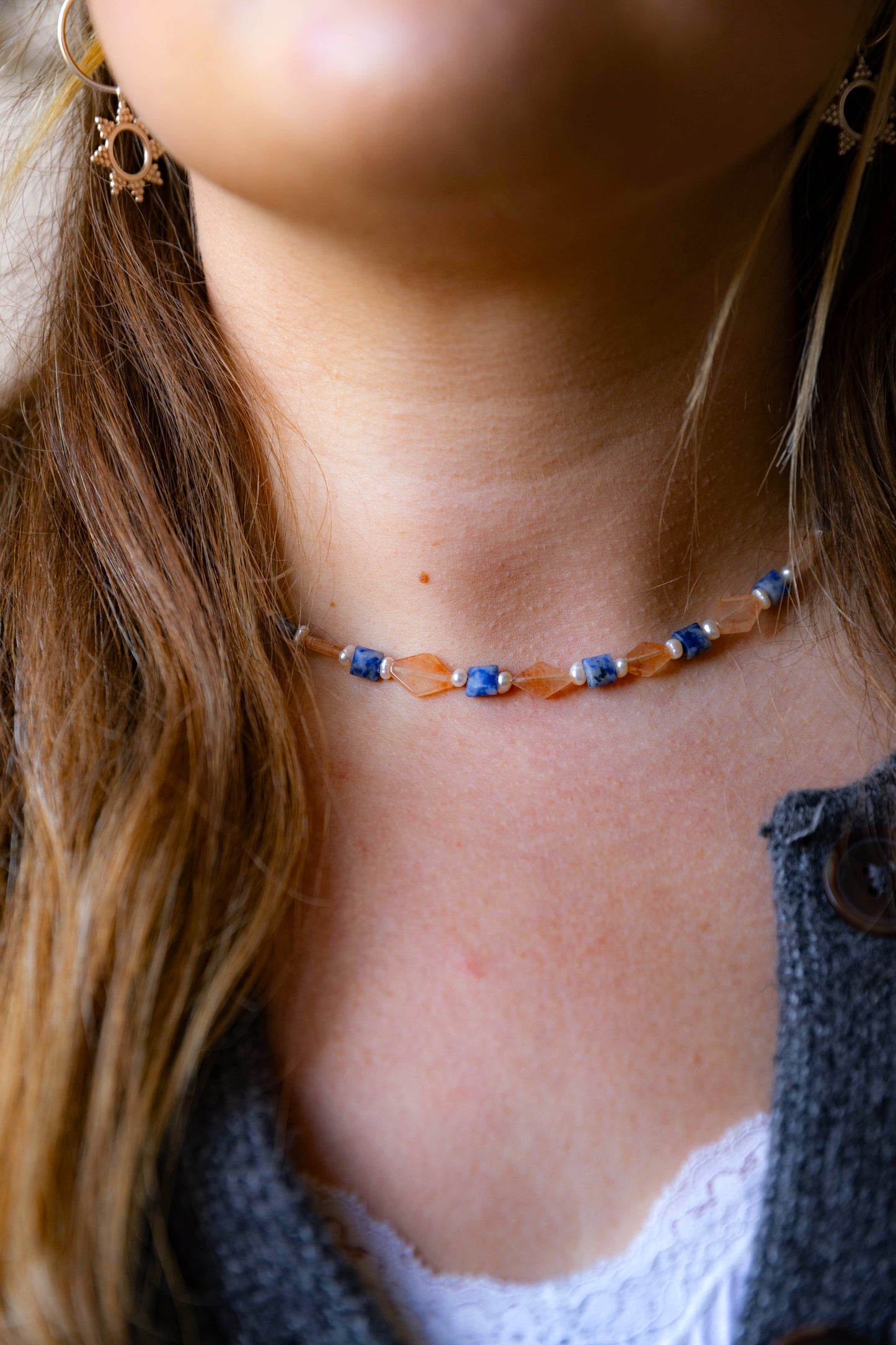 Semi Precious Beaded Sandstone, Lapis Lazuli Necklace Sterling Silver