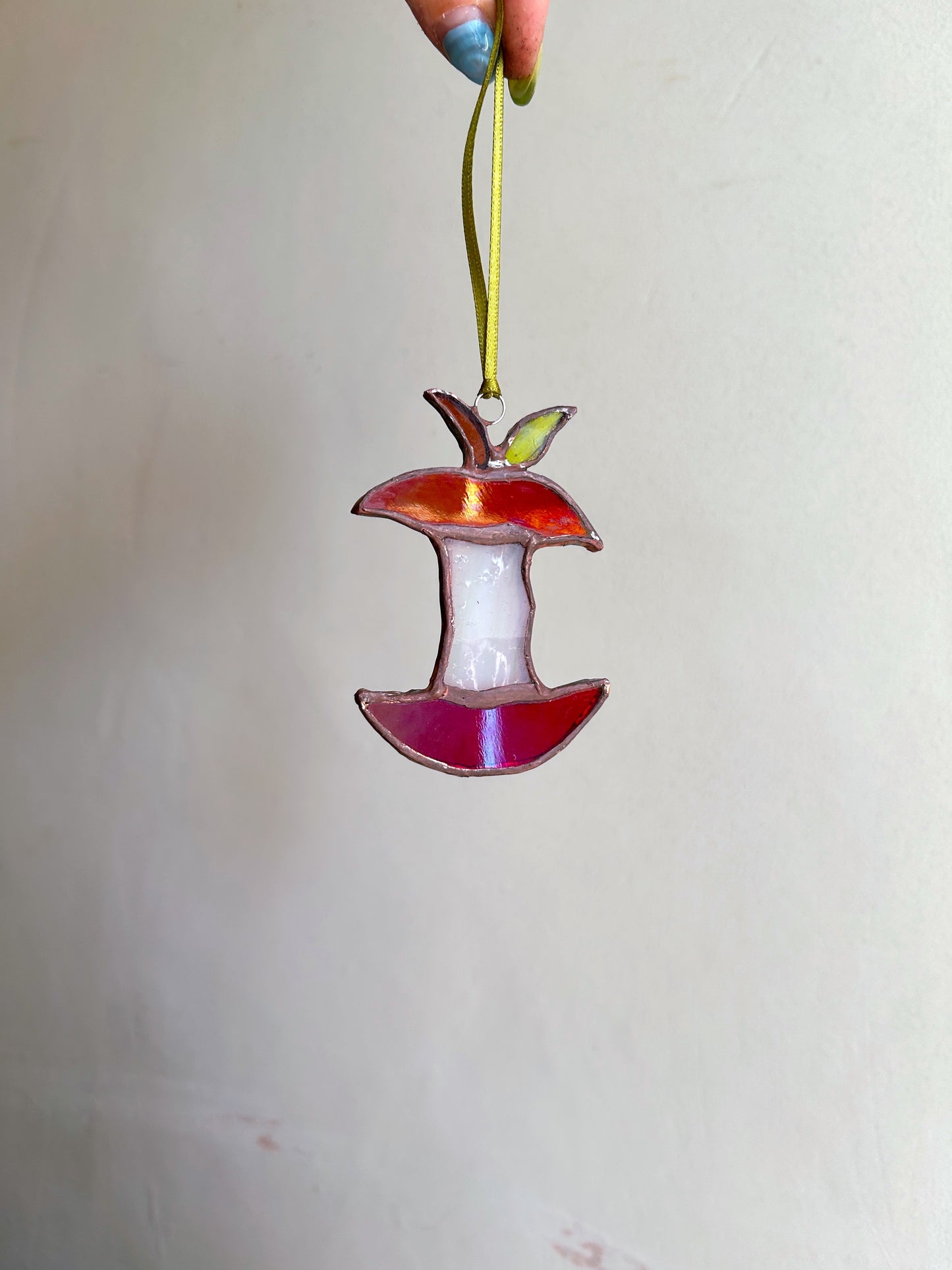 Red Stained Glass Iridescent Apple Core Ornament Suncatcher